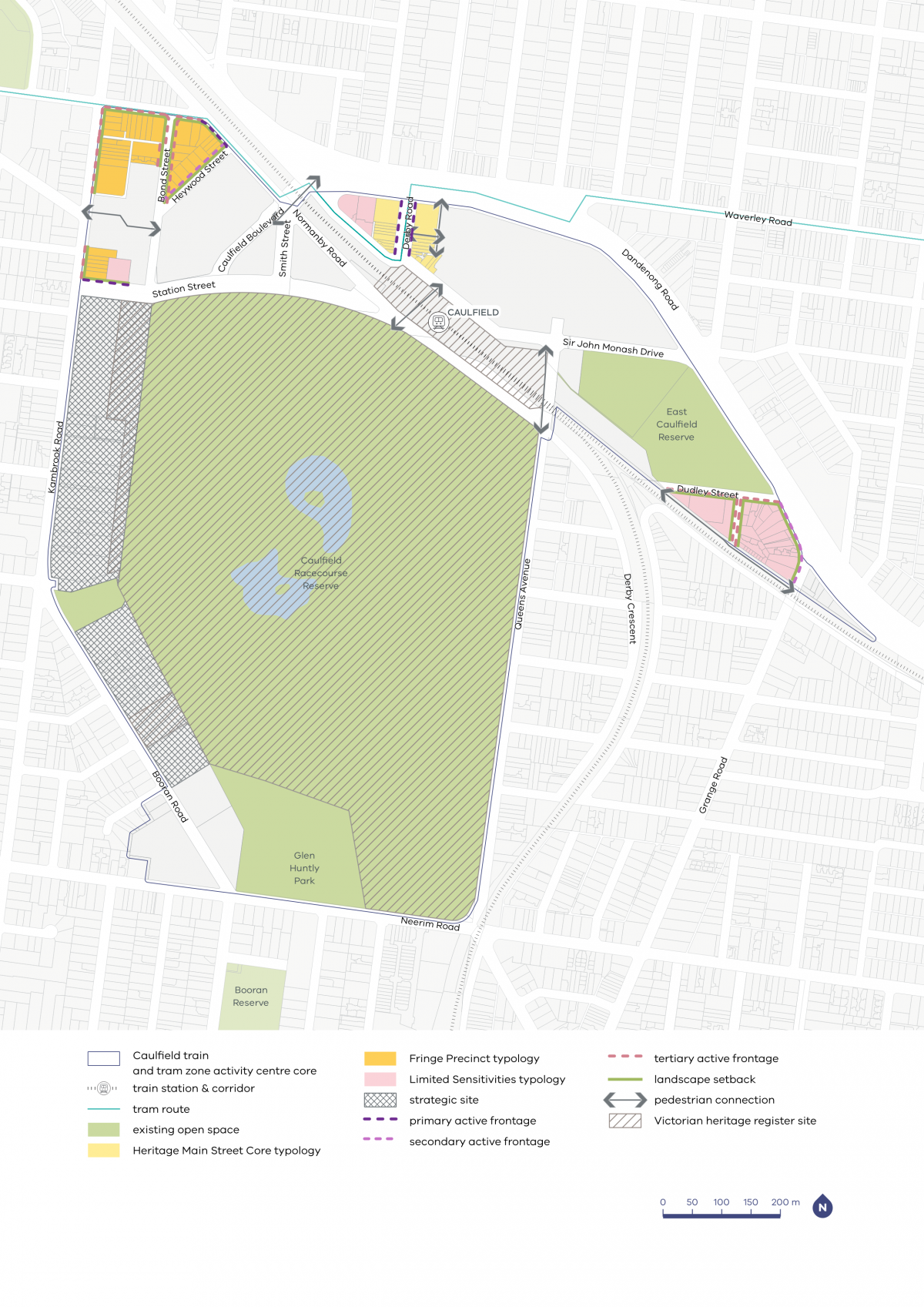 A map showing typology categories, activation areas, and setback requirements within the Caulfield Activity Centre.