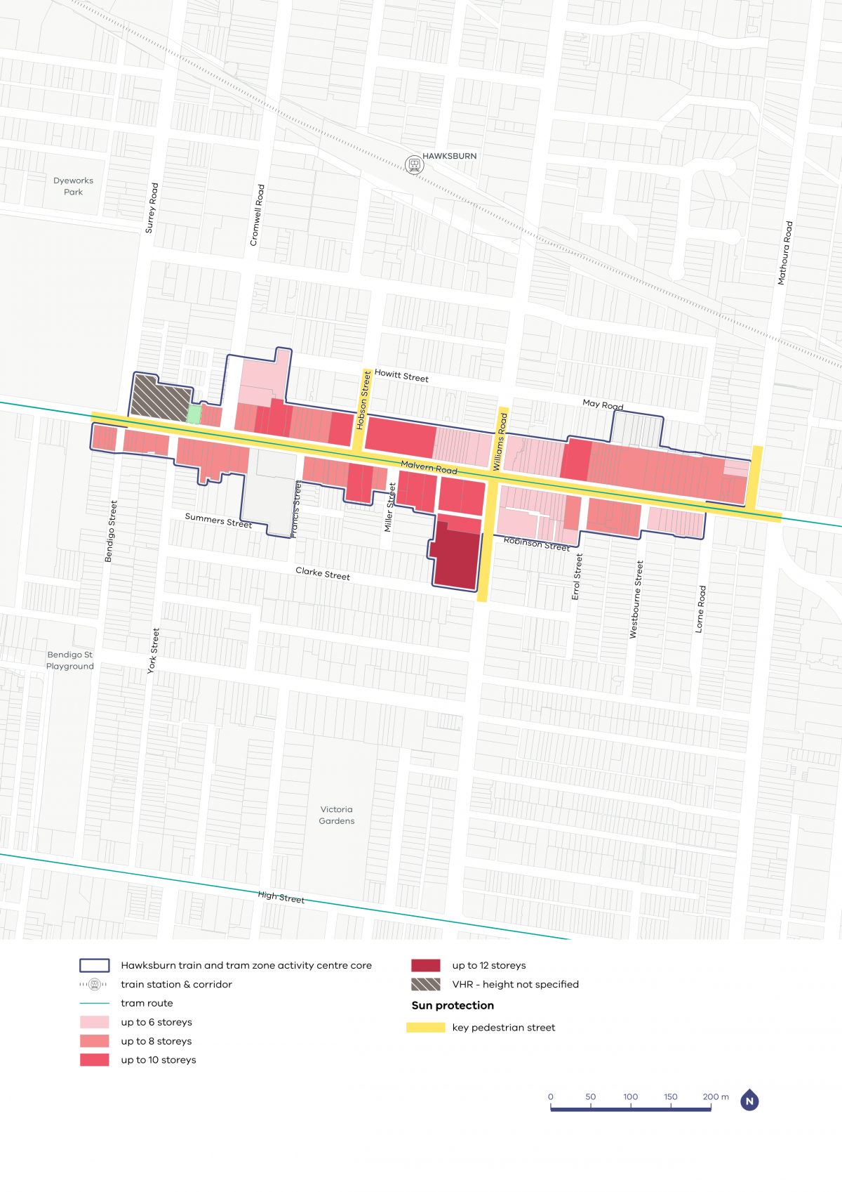 A map of the Hawksburn Activity Centre showing preferred building heights and required sun protection measures across key streets, blocks, and precincts.