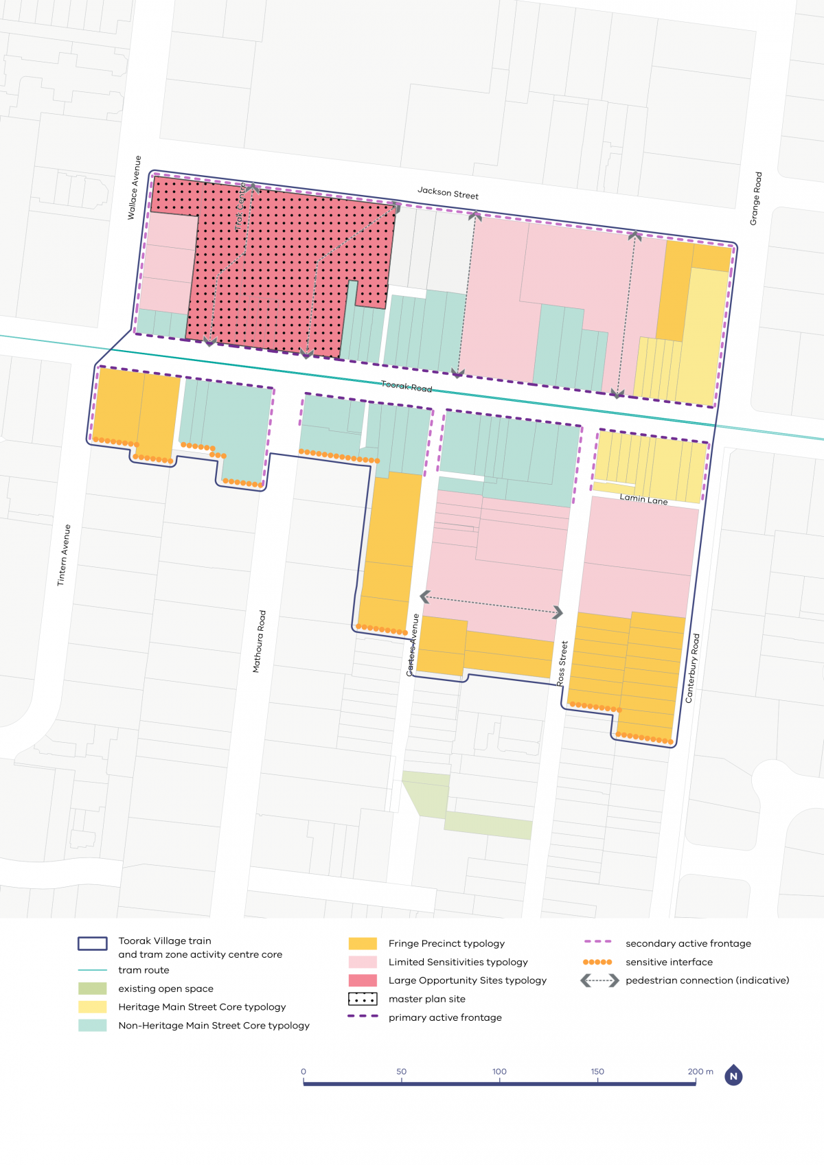 A map showing typology categories, activation areas, and setback requirements within the Toorak Village Activity Centre.