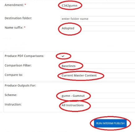 interim publish screen with Authorisationunder consideration selected and Produce PDF comparison checked