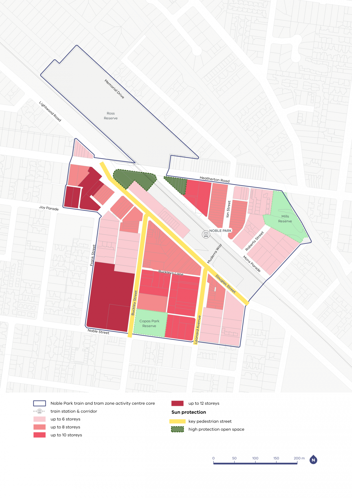A map outlining preferred building heights and sun protection guidelines for the Noble Park Activity Centre.