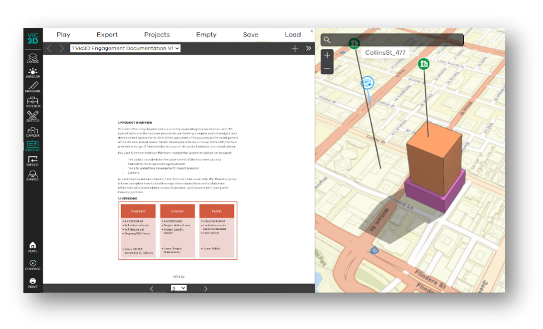 Screenshot of Vic3D 'Present' interface showing 3D model and presenting controls.