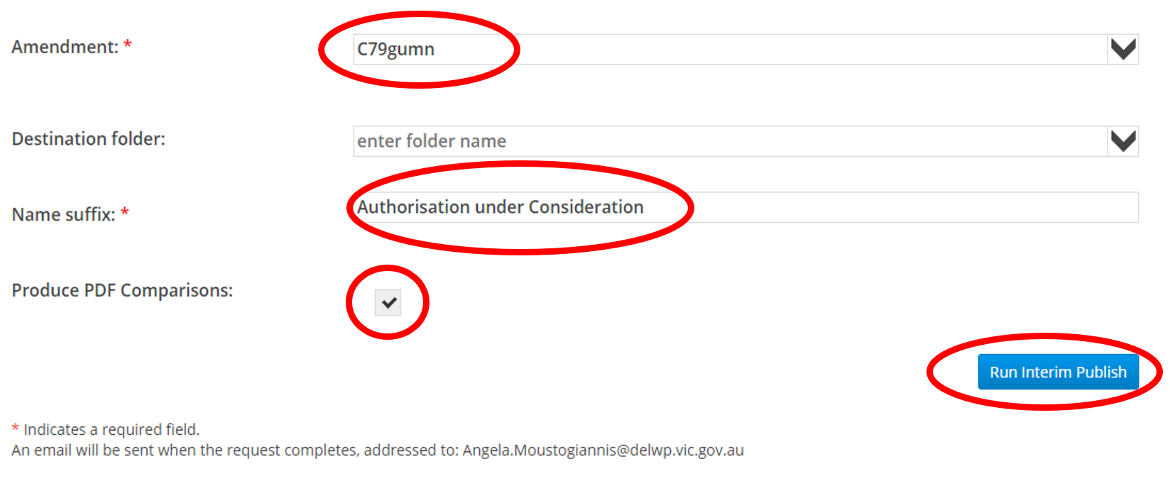 interim publish screen with Authorisationunder consideration selected and Produce PDF comparison checked