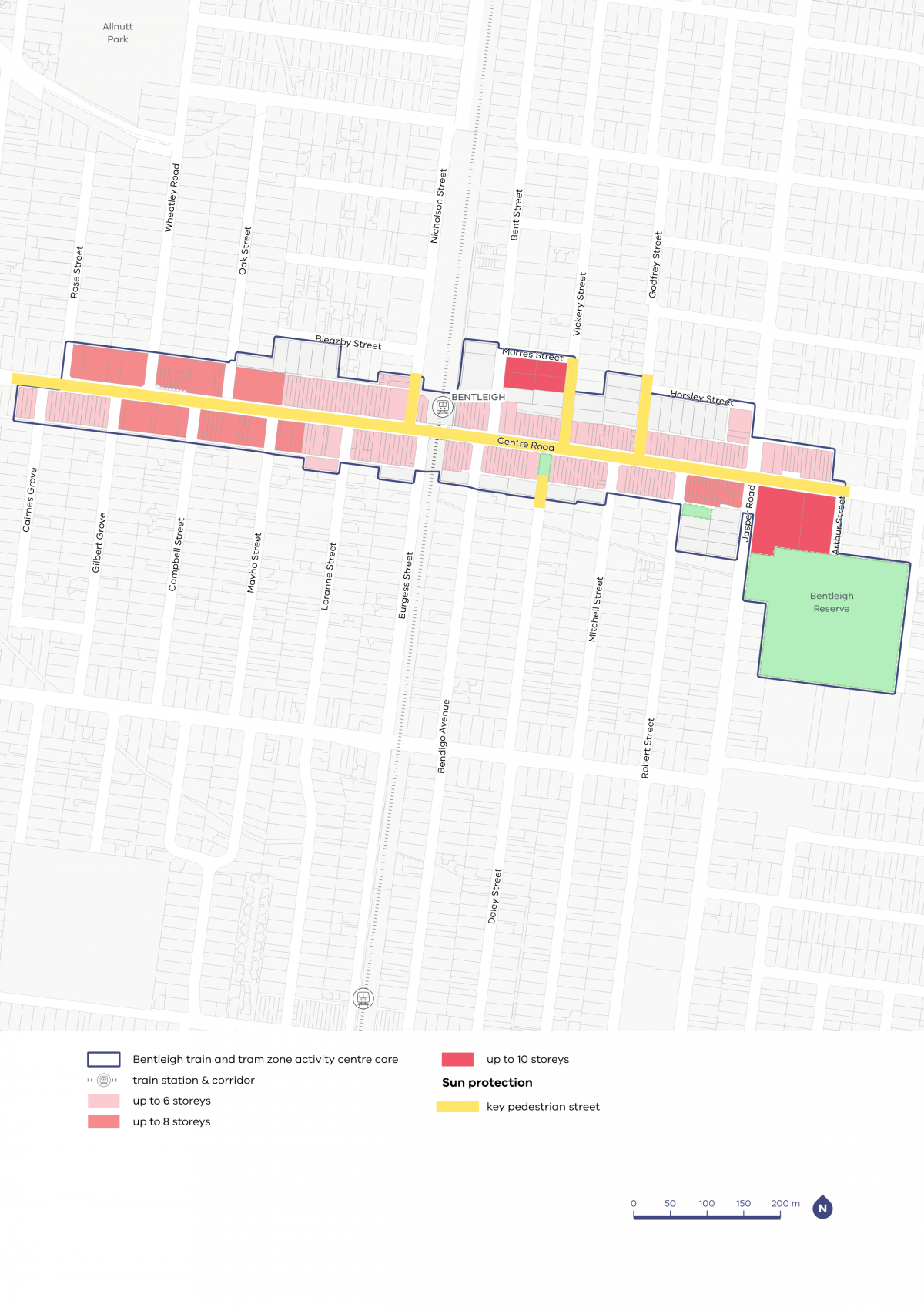 A map showing the preferred building heights and sun protection guidelines for the Bentleigh Activity Centre.