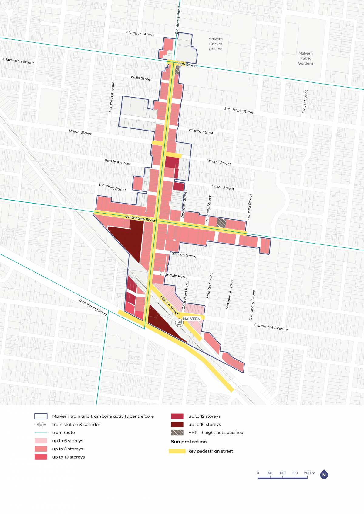 A map of the Malvern Activity Centre showing preferred building heights and required sun protection measures across key streets, blocks, and precincts.