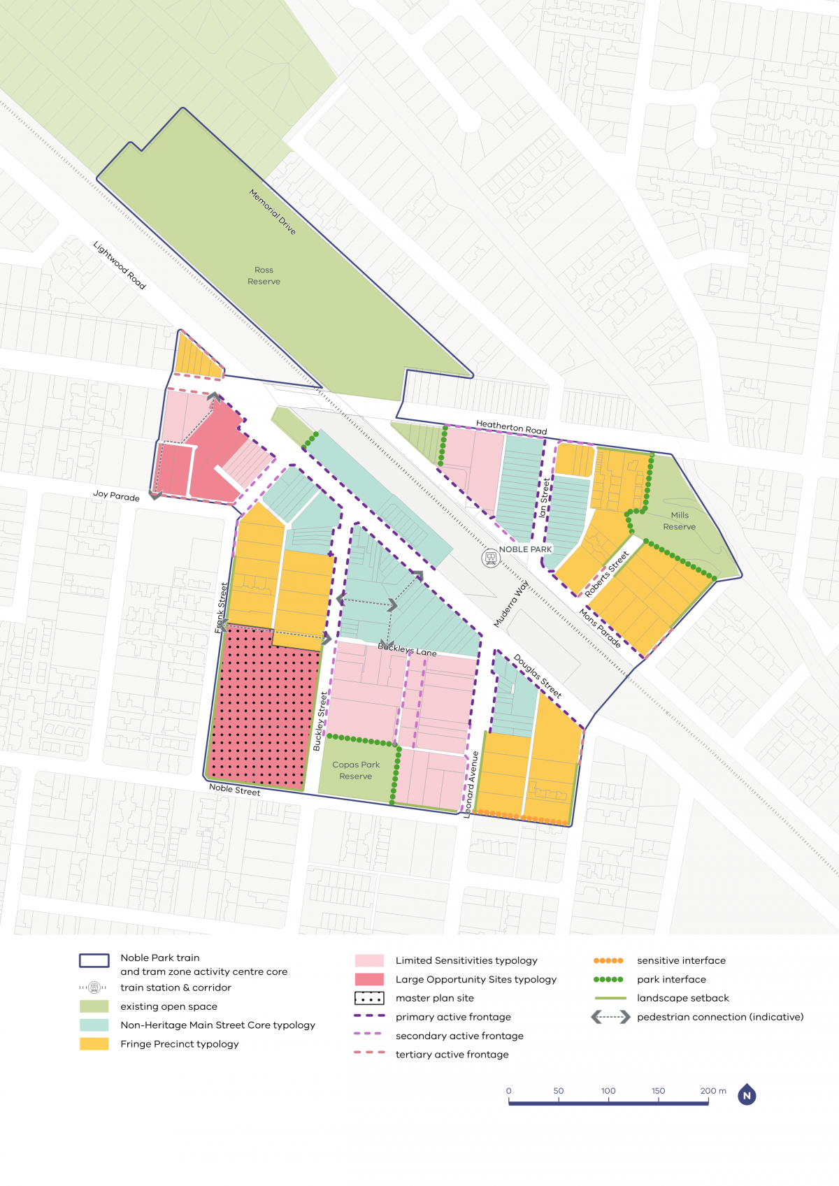 A map showing the Noble Park Activity Centre typology activation and setbacks