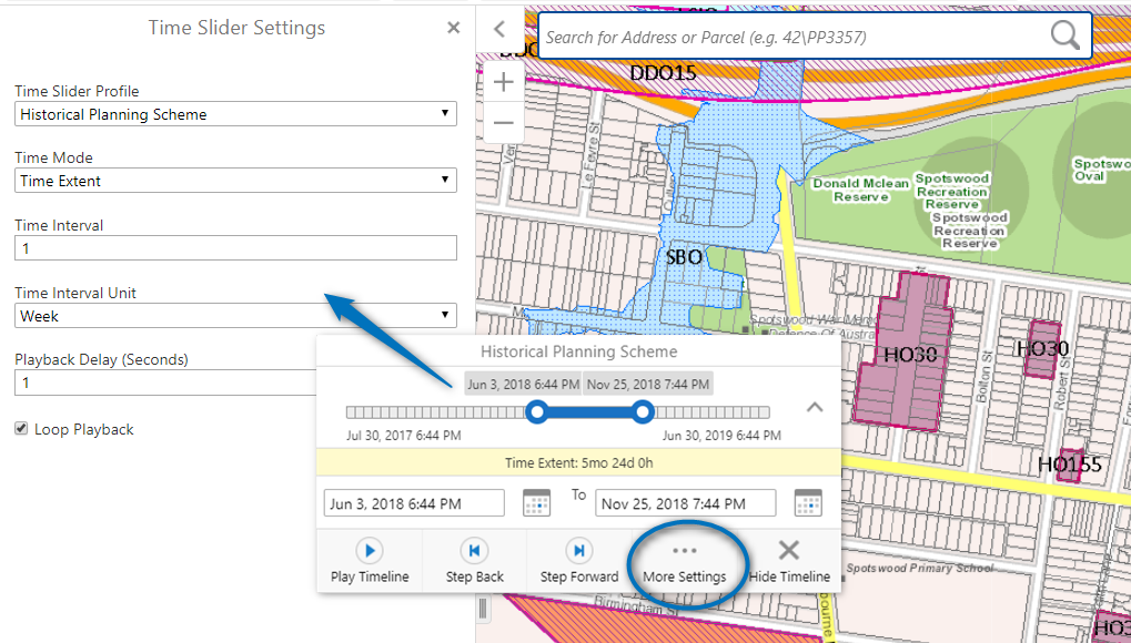 VicPlan screen with zone layer activated and the time slider settings displayed. 