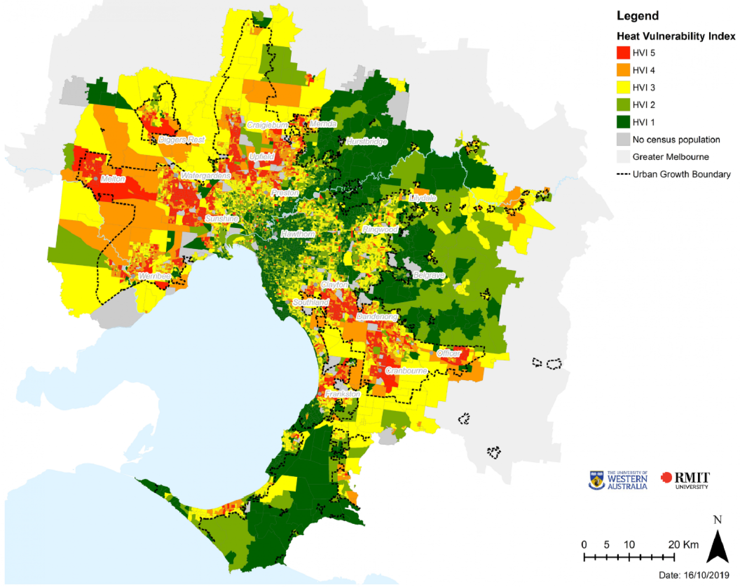 Map showing the distribution of the 2018 heat vulnerability index across metropolitan Melbourne