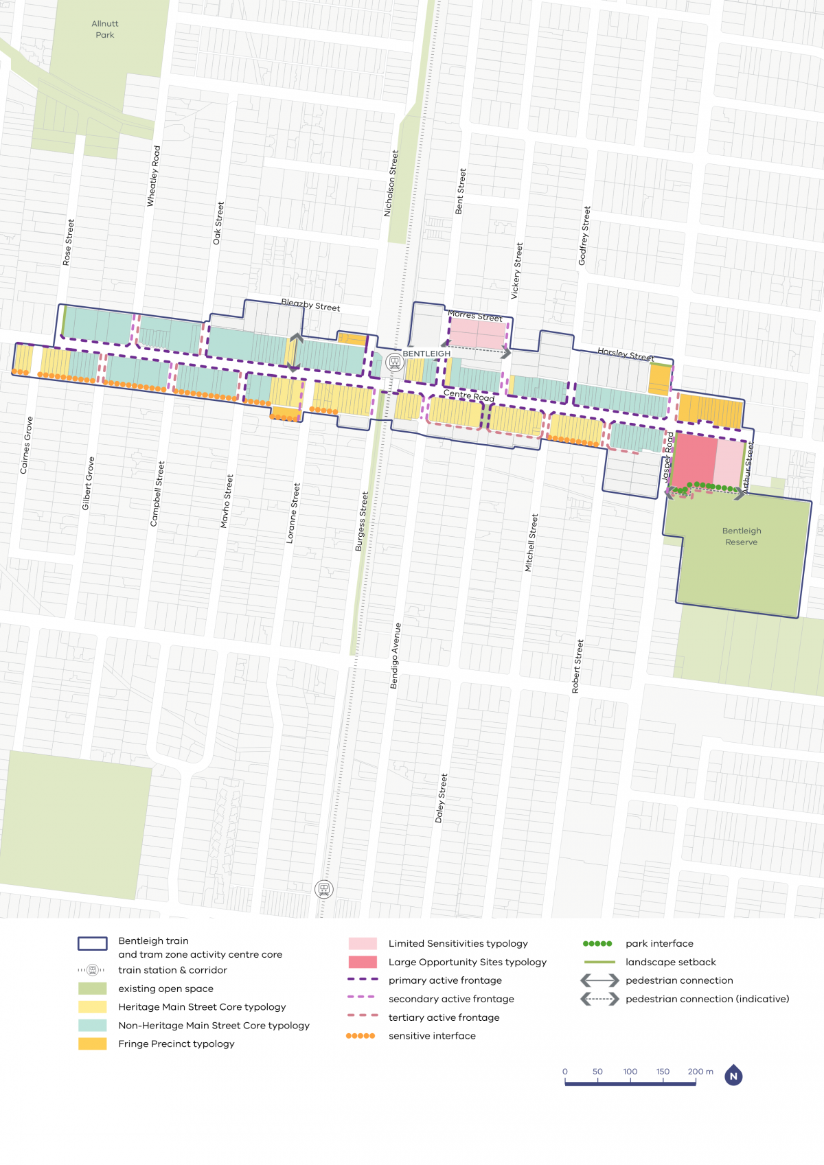 A map showing typology categories, activation areas, and setback requirements within the Bentleigh Activity Centre.
