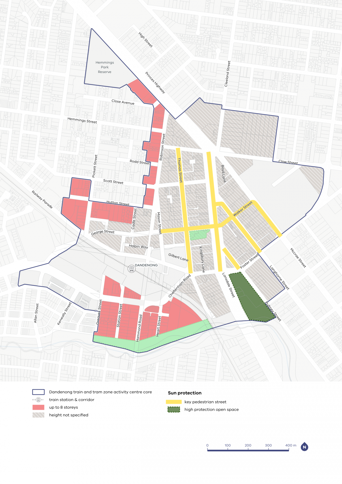 A map showing the preferred building heights and sun protection guidelines for the Dandenong Activity Centre.