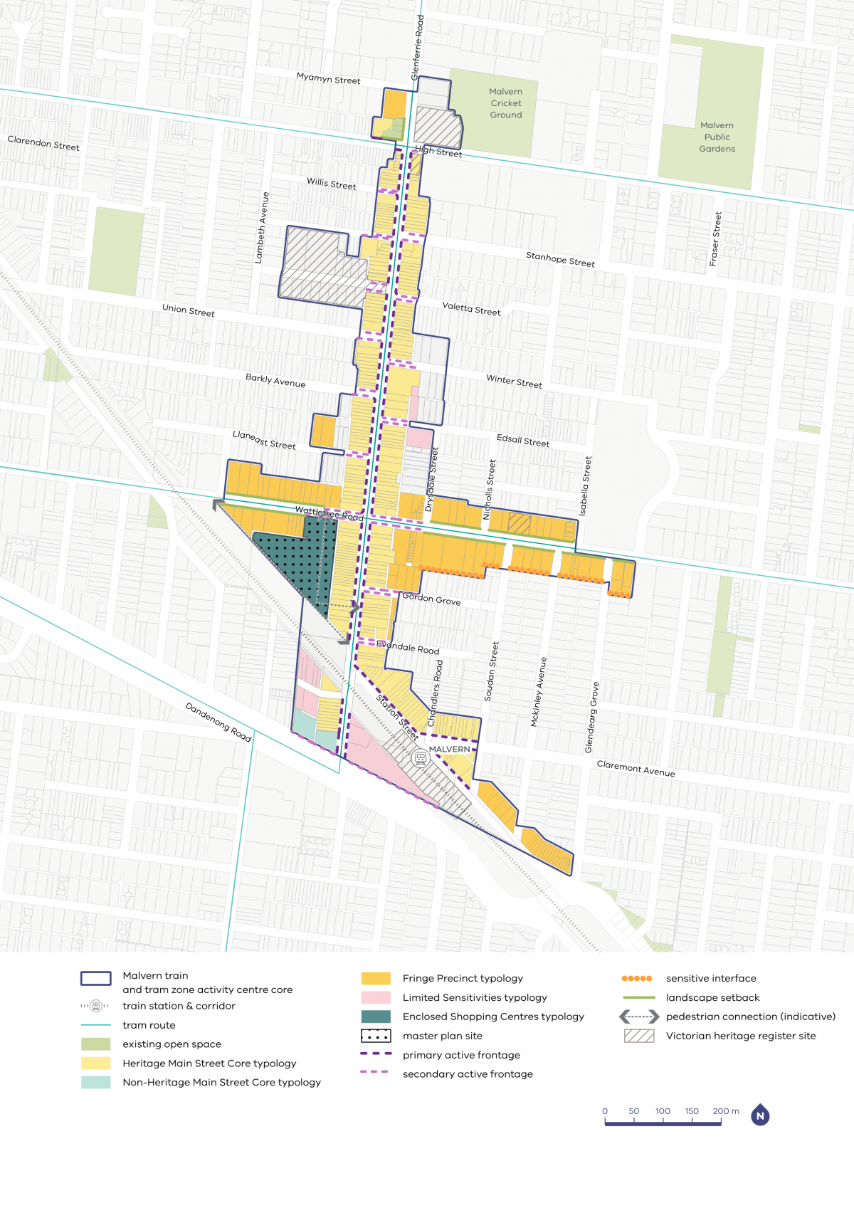A map of the Malvern Activity Centre showing typology categories, required activation frontages, and building setback requirements across key streets, blocks, and precincts.
