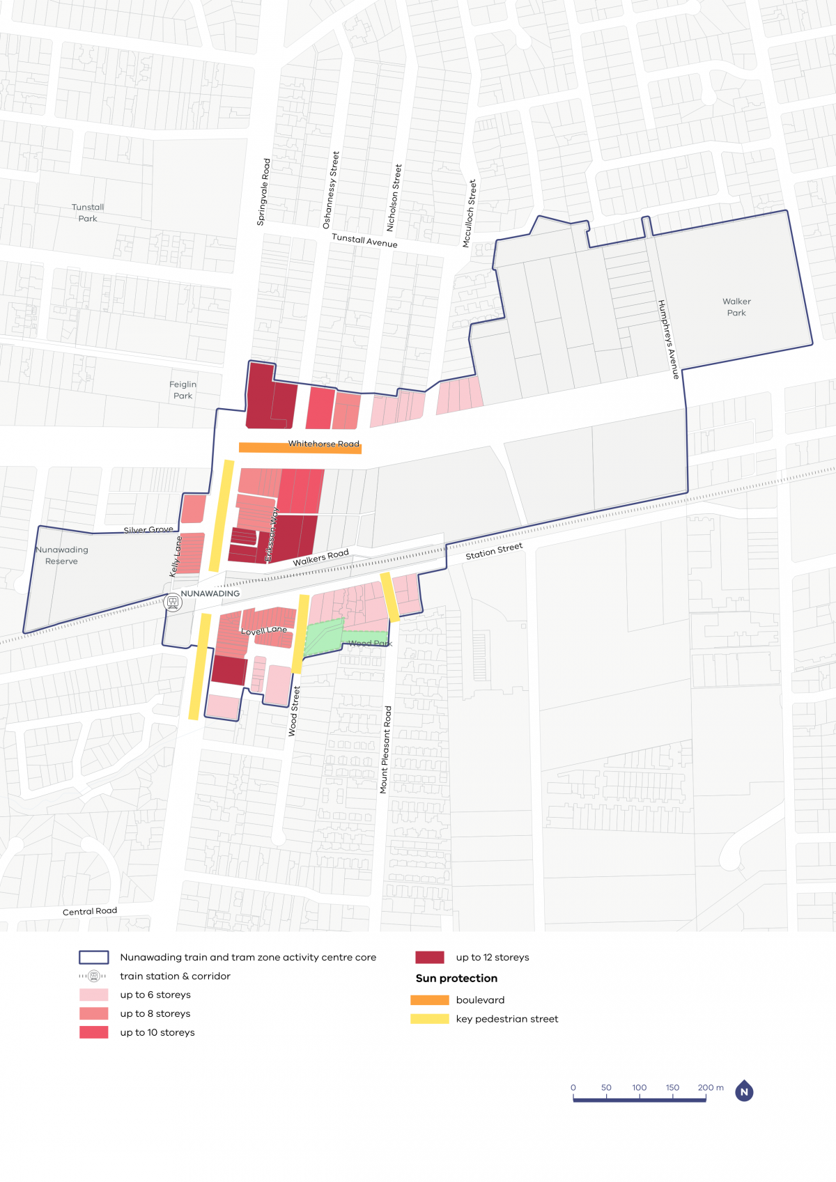 A map showing the preferred building heights and sun protection guidelines for the Nunawading Activity Centre.