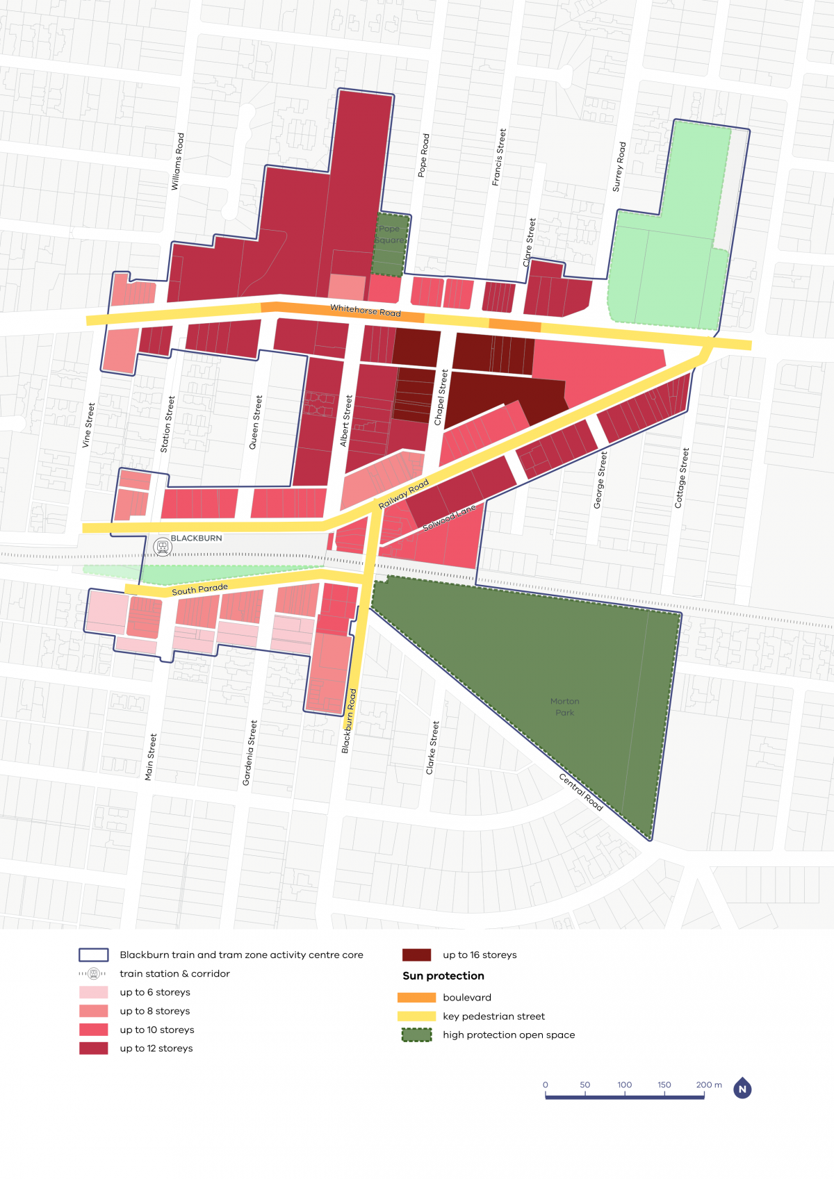 A map showing the preferred building heights and sun protection guidelines for the Blackburn Activity Centre.