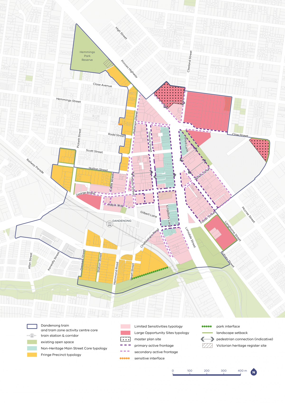 A map showing typology categories, activation areas, and setback requirements within the Dandenong Activity Centre.