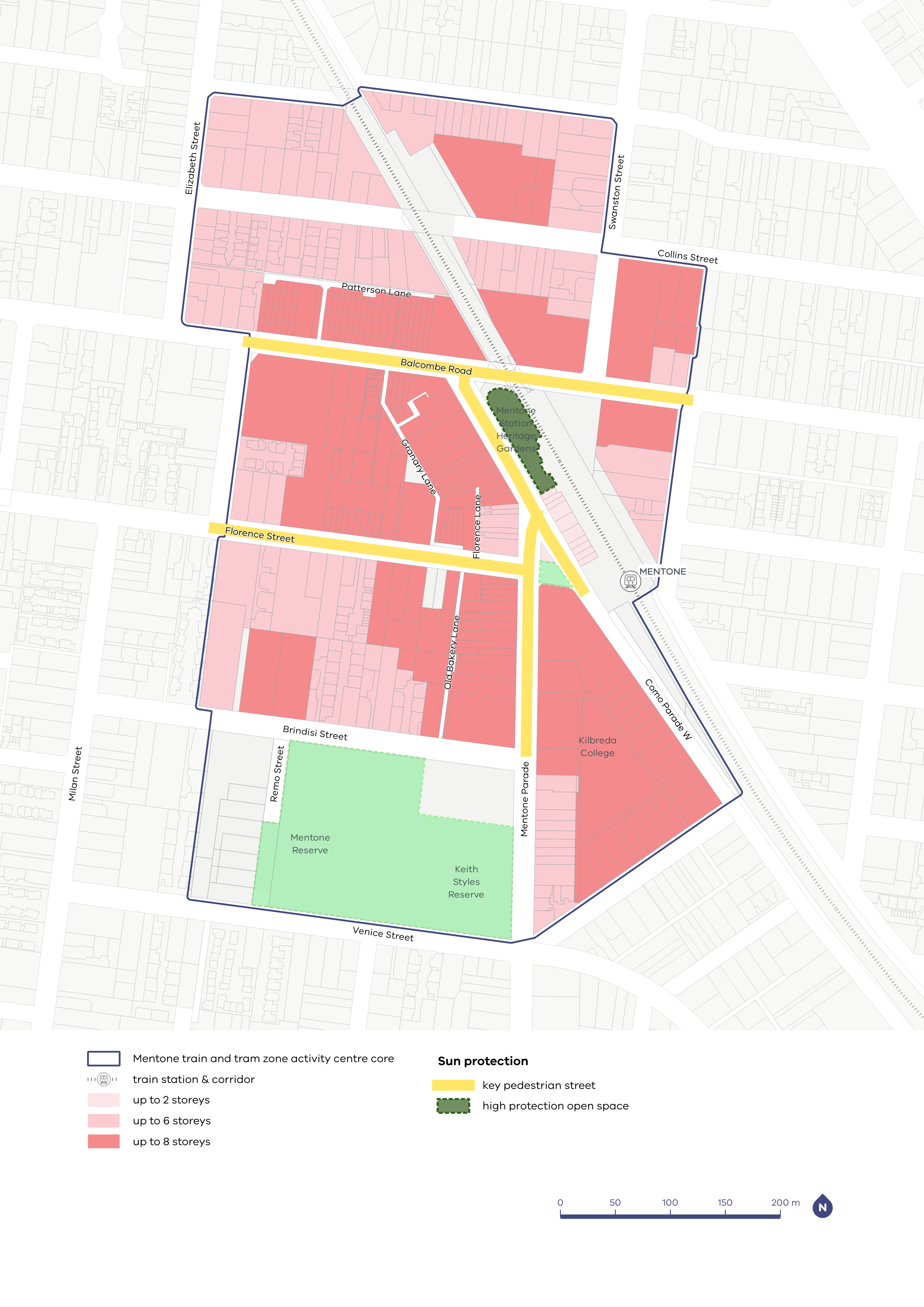 A map of the Mentone Activity Centre showing preferred building heights and required sun protection measures across key streets, blocks, and precincts.