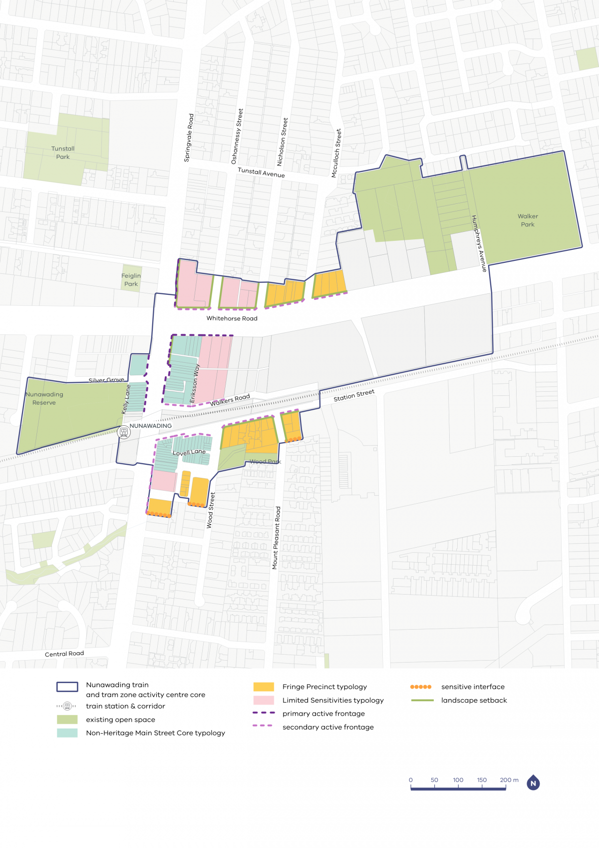 A map showing typology categories, activation areas, and setback requirements within the Nunawading Activity Centre.