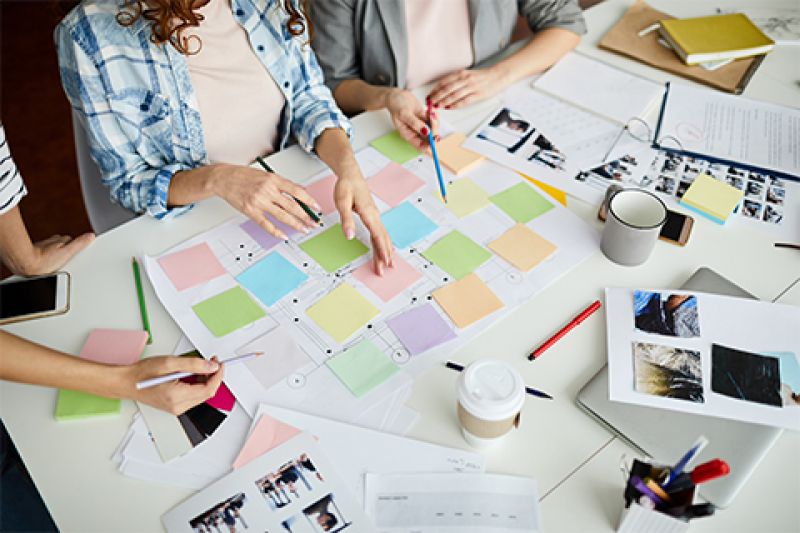 group brainstorming on table