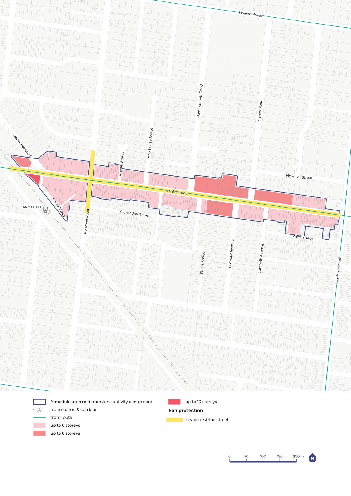 A map showing the preferred building heights and sun protection guidelines for the Armadale Activity Centre.