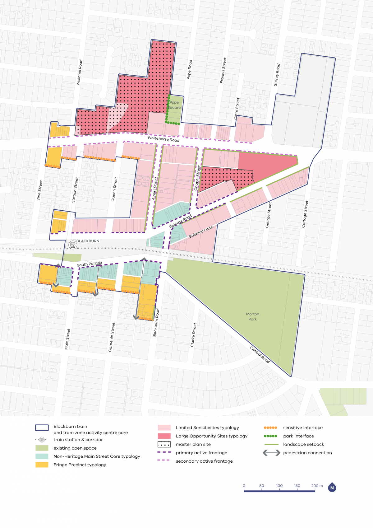 A map showing typology categories, activation areas, and setback requirements within the Blackburn Activity Centre.