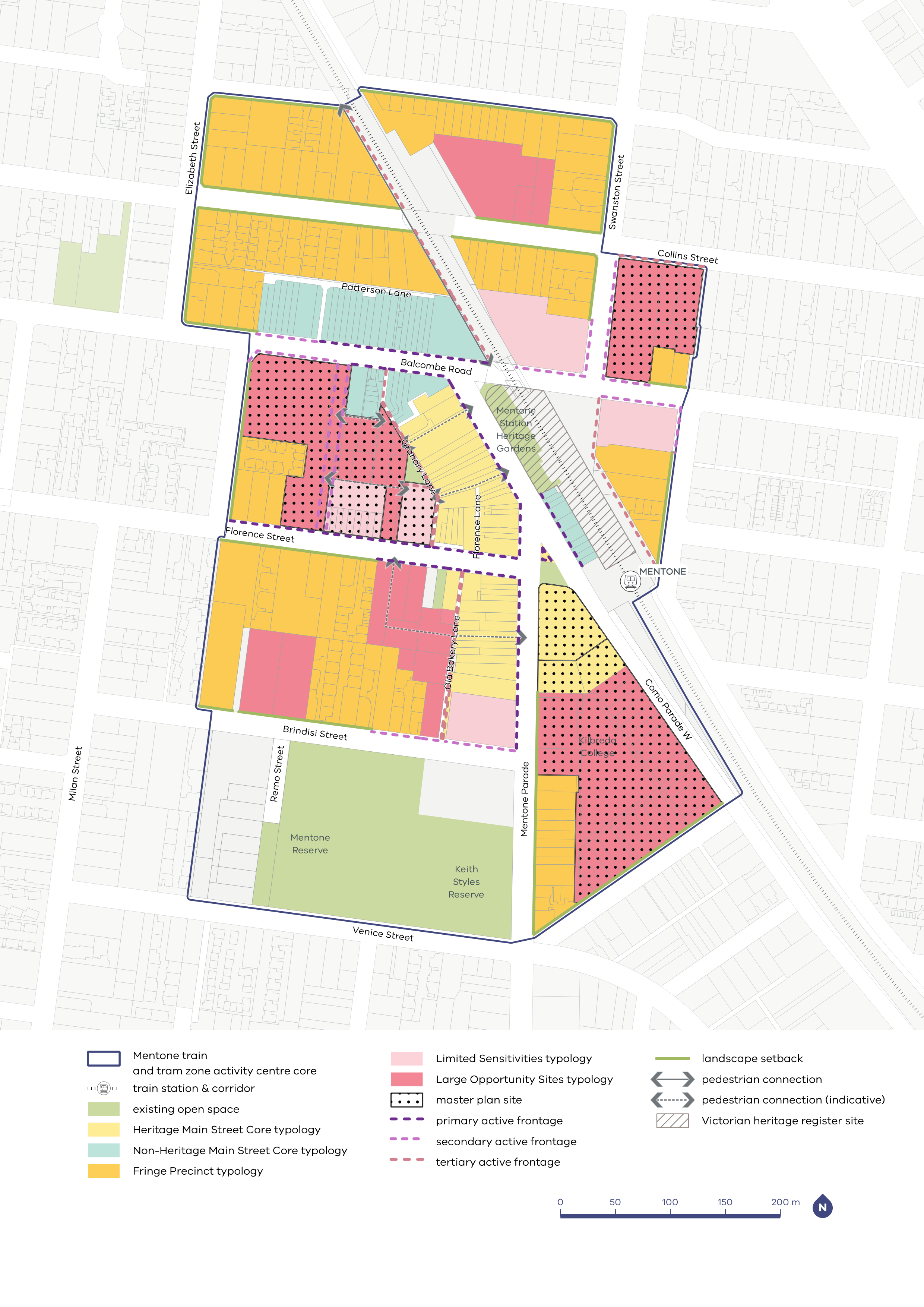 A map of the Mentone Activity Centre showing typology categories, required activation frontages, and building setback requirements across key streets, blocks, and precincts.