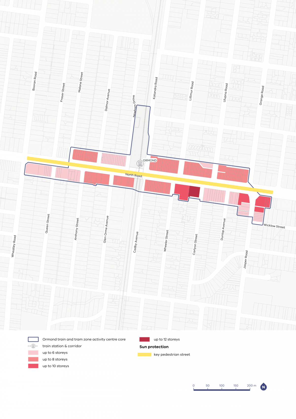 A map showing the preferred building heights and sun protection guidelines for the Ormond Activity Centre.