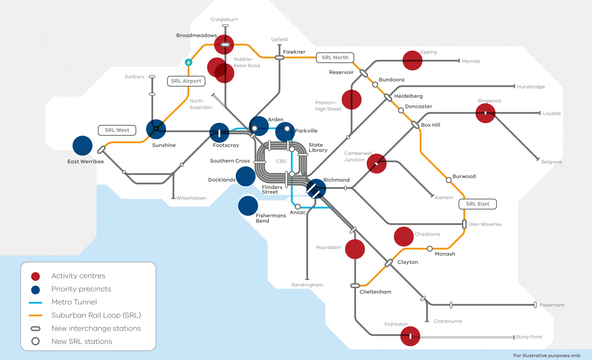 A map of the activity centres, priority precincts and linking transport networks 