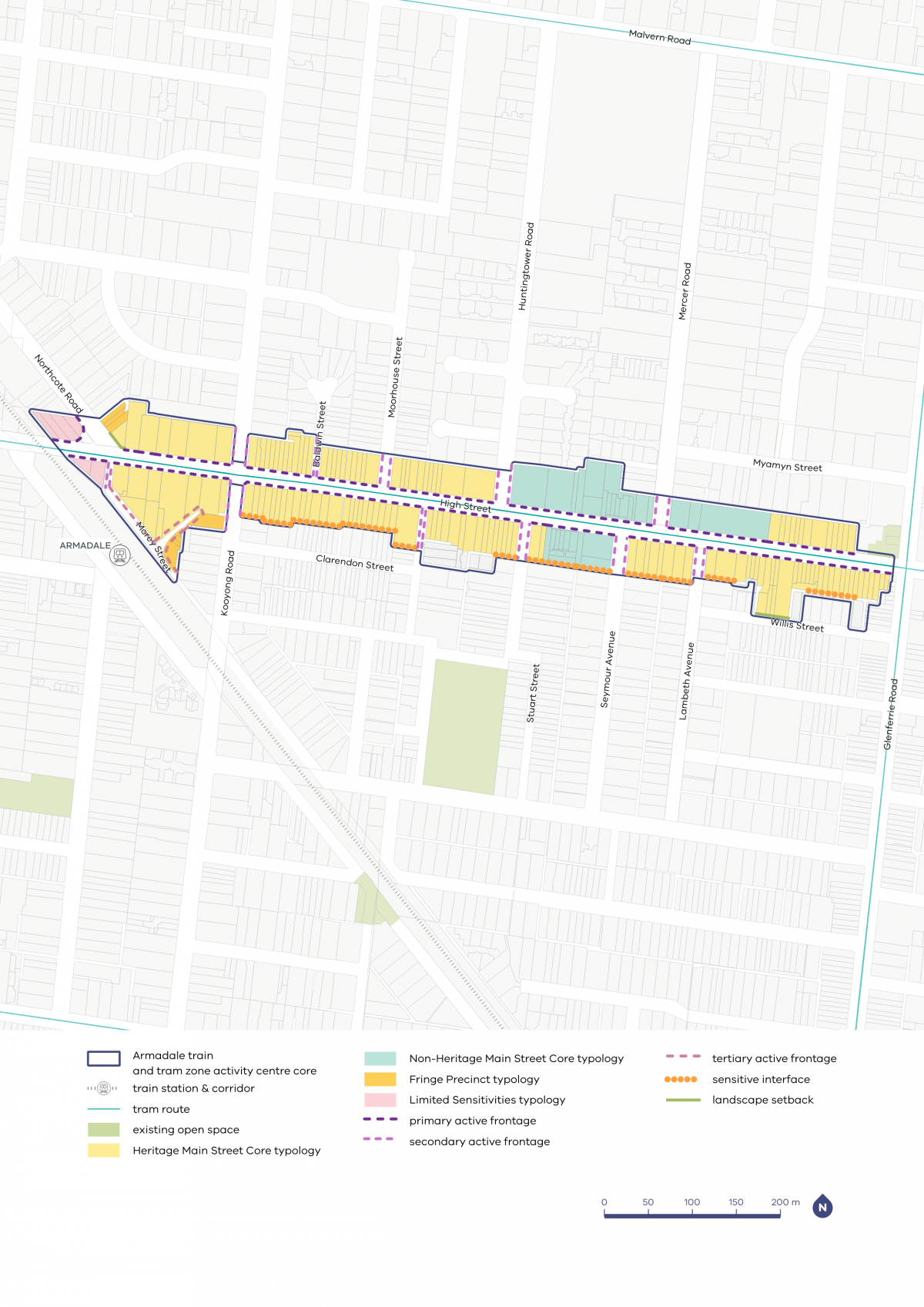 A map showing typology categories, activation areas, and setback requirements within the Armadale Activity Centre.