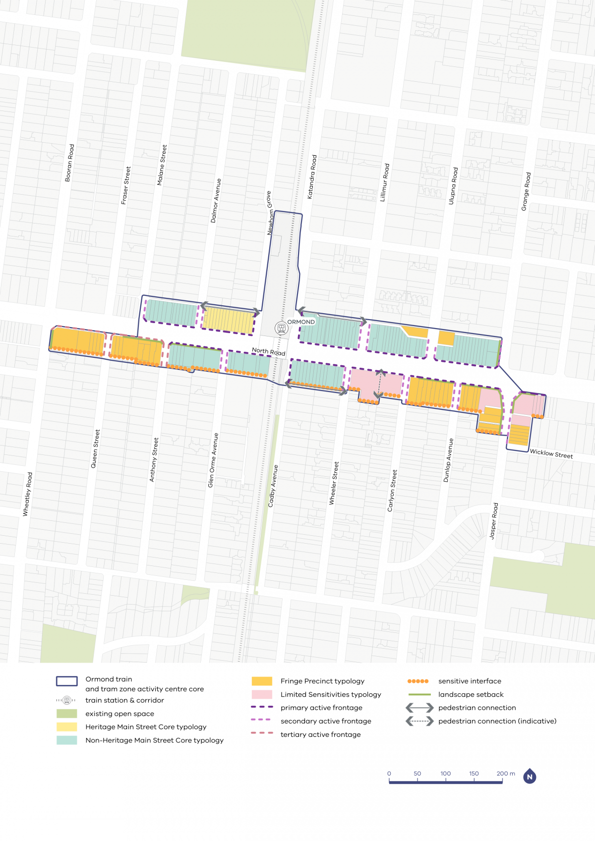 A map showing typology categories, activation areas, and setback requirements within the Ormond Activity Centre.