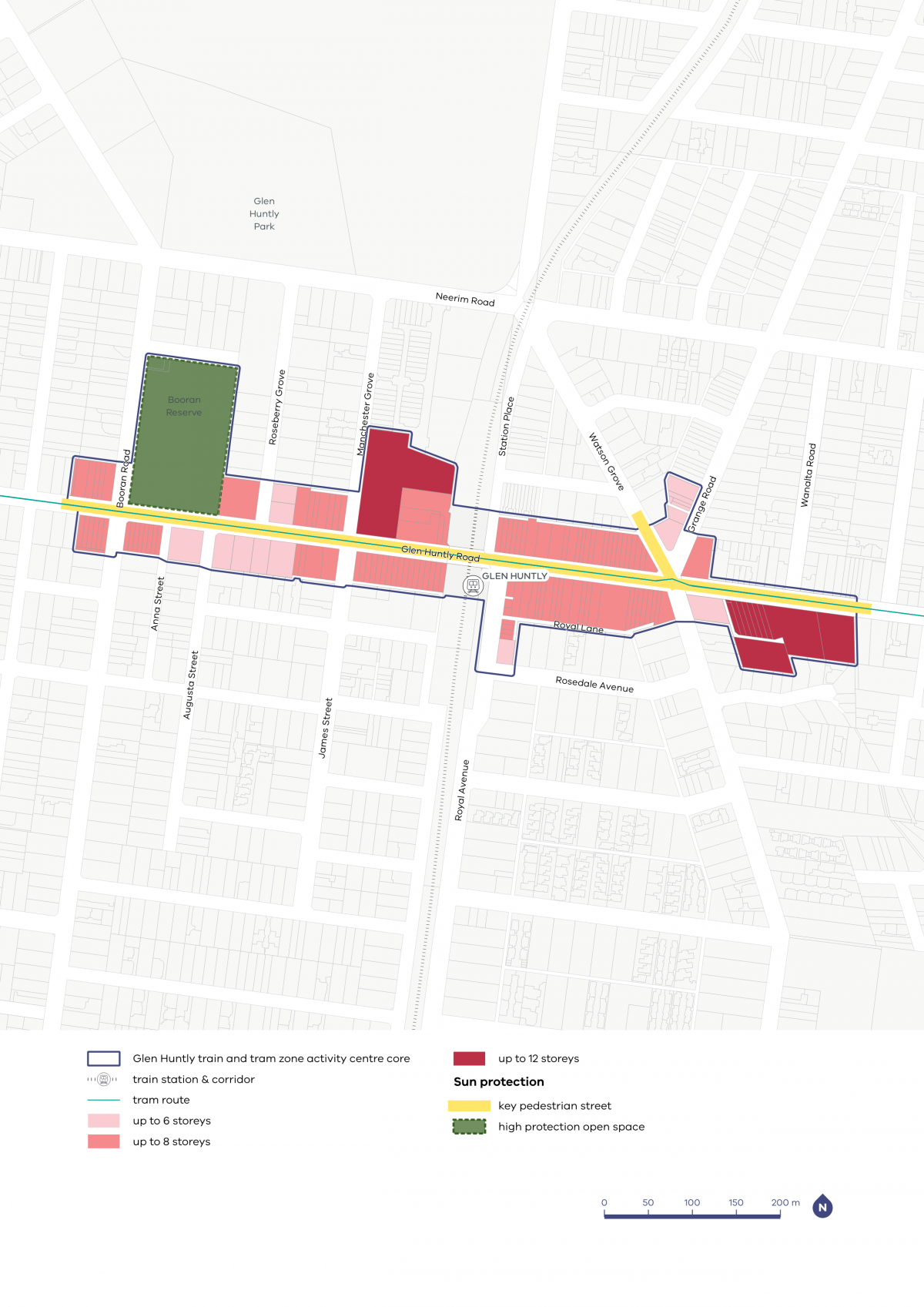 Glen Huntly Activity Centre with preferred building heights and required sun protection measures across key streets and precincts.