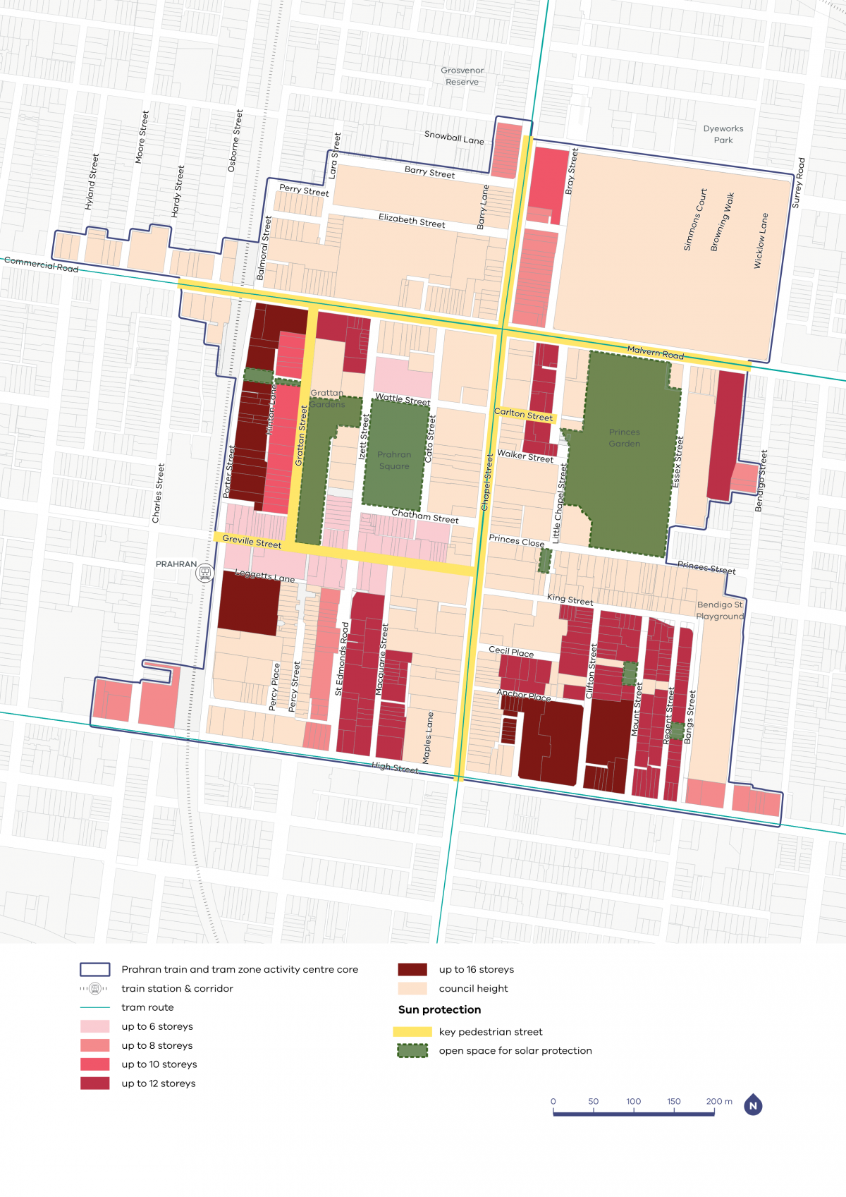 A map showing the preferred building heights and sun protection guidelines for the Prahran Activity Centre.
