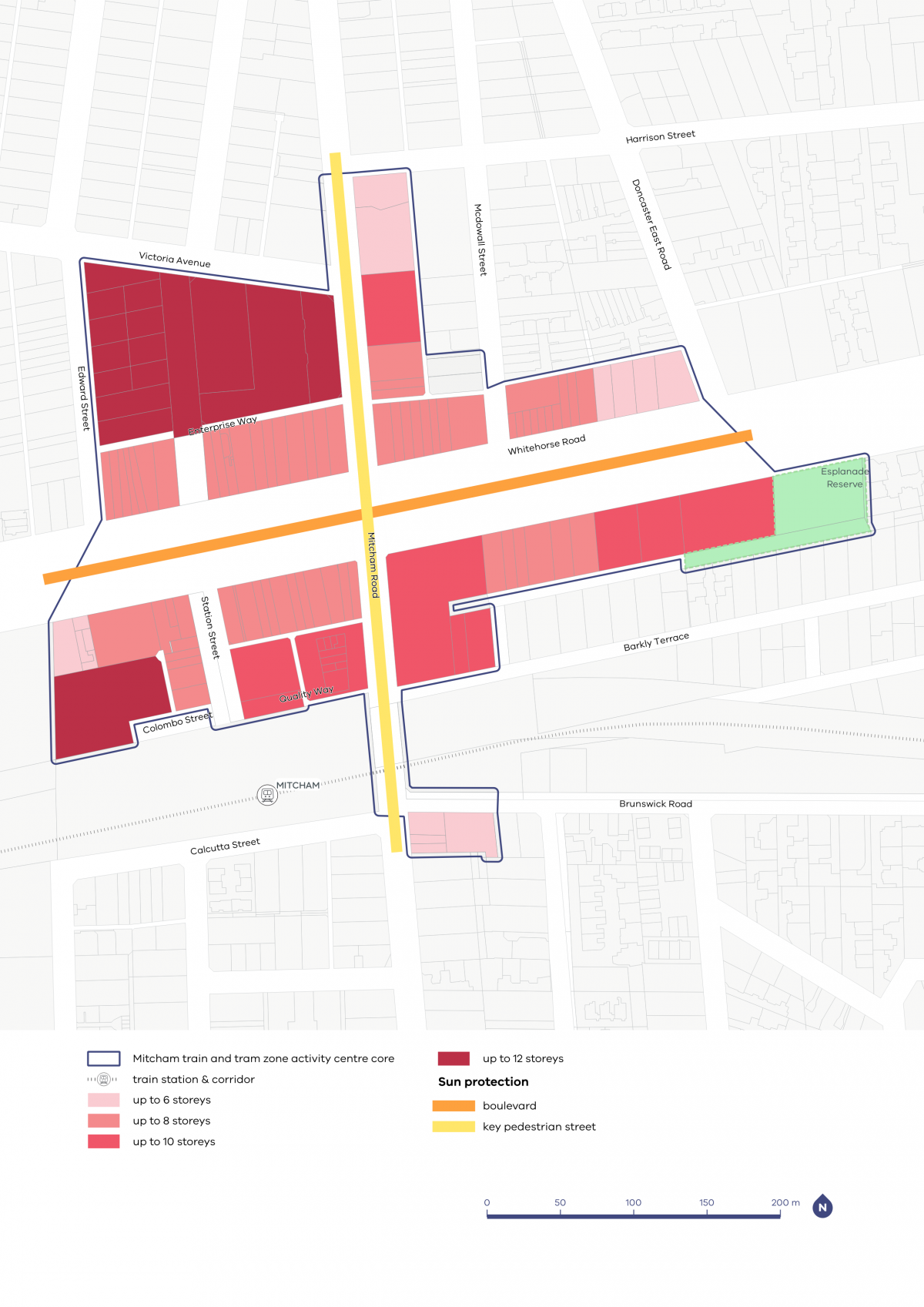 A map of the Mitcham Activity Centre showing preferred building heights and required sun protection measures across key streets, blocks, and precincts.