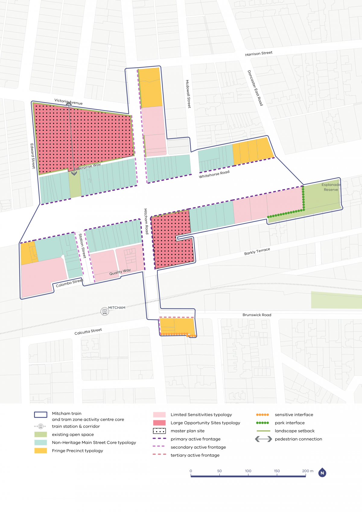 A map of the Mitcham Activity Centre showing typology categories, required activation frontages, and building setback requirements across key streets, blocks, and precincts.