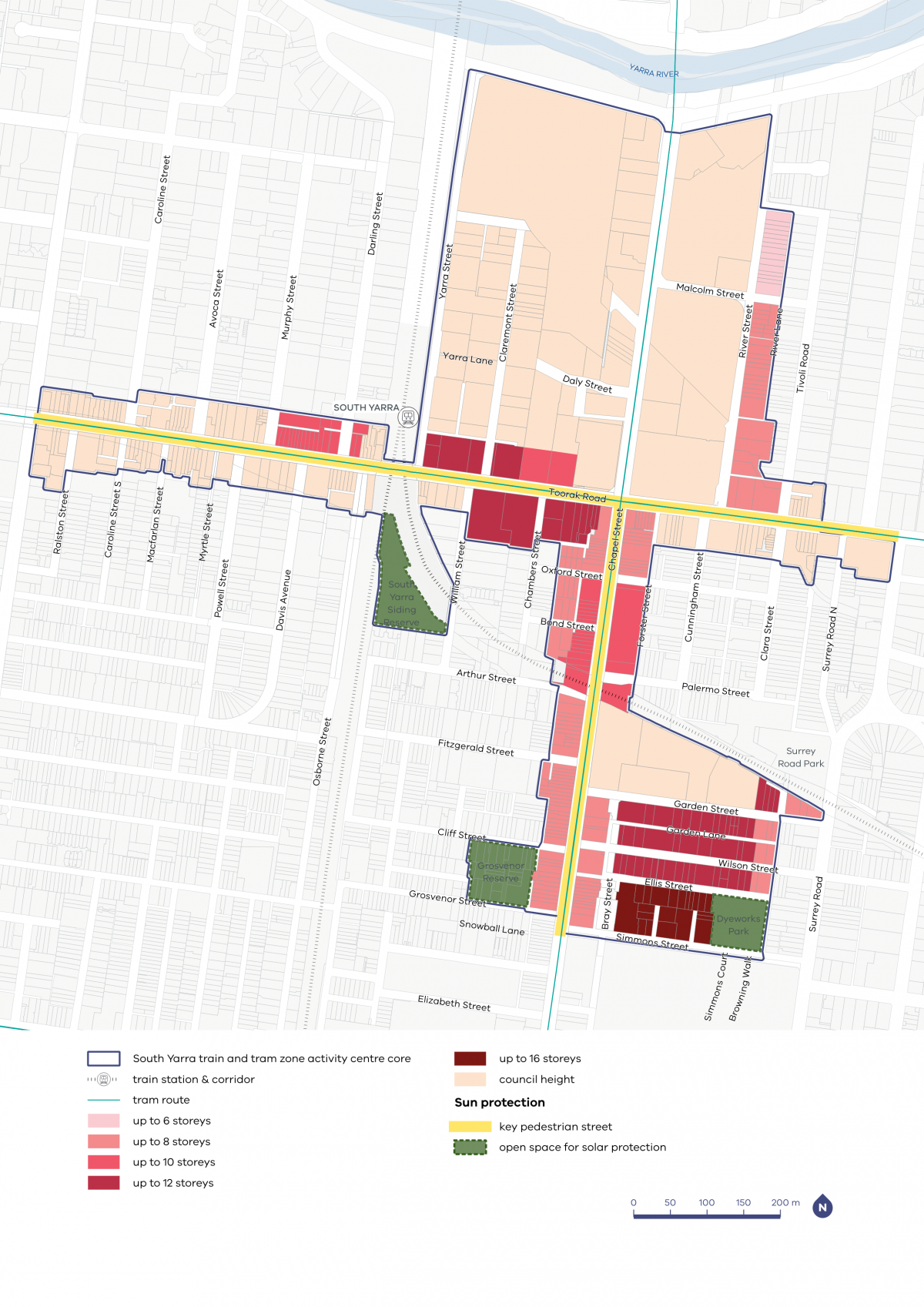 A map showing the preferred building heights and sun protection guidelines for the South Yarra Activity Centre.